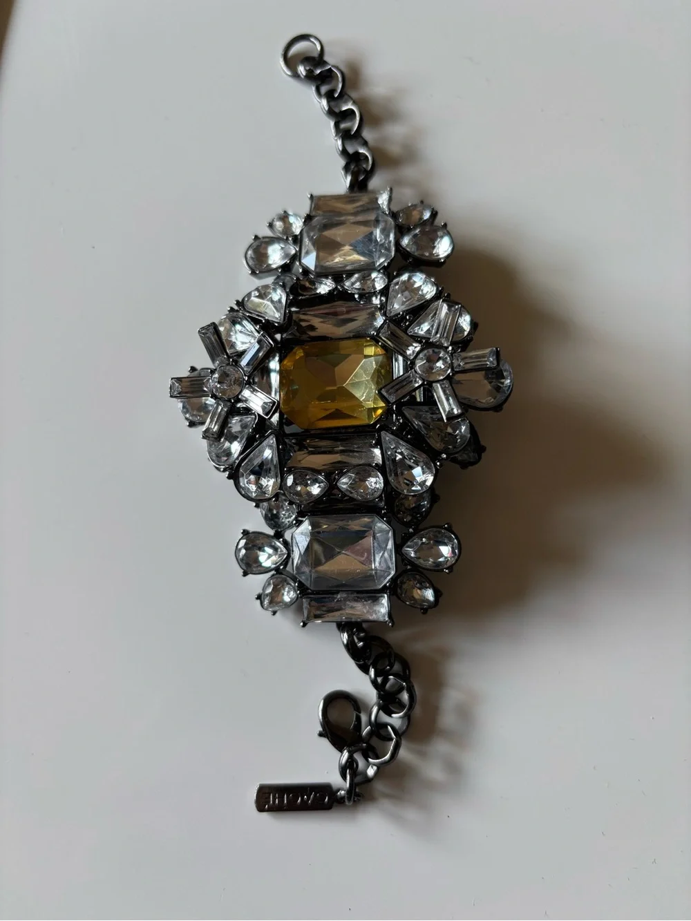 CACHÉ Amber Clear Rhinestone Statement Bracelet Gunmetal READ